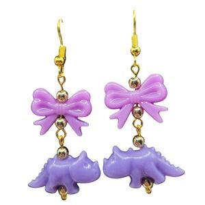 Cute Purple Dinosaur Bow Dangle Earrings Kawaii Aesthetic Jewelry